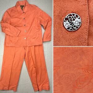 Jacquard Floral Jacket Pant Set Cotton Linen Lined Resort Coastal Grandma Sz XL